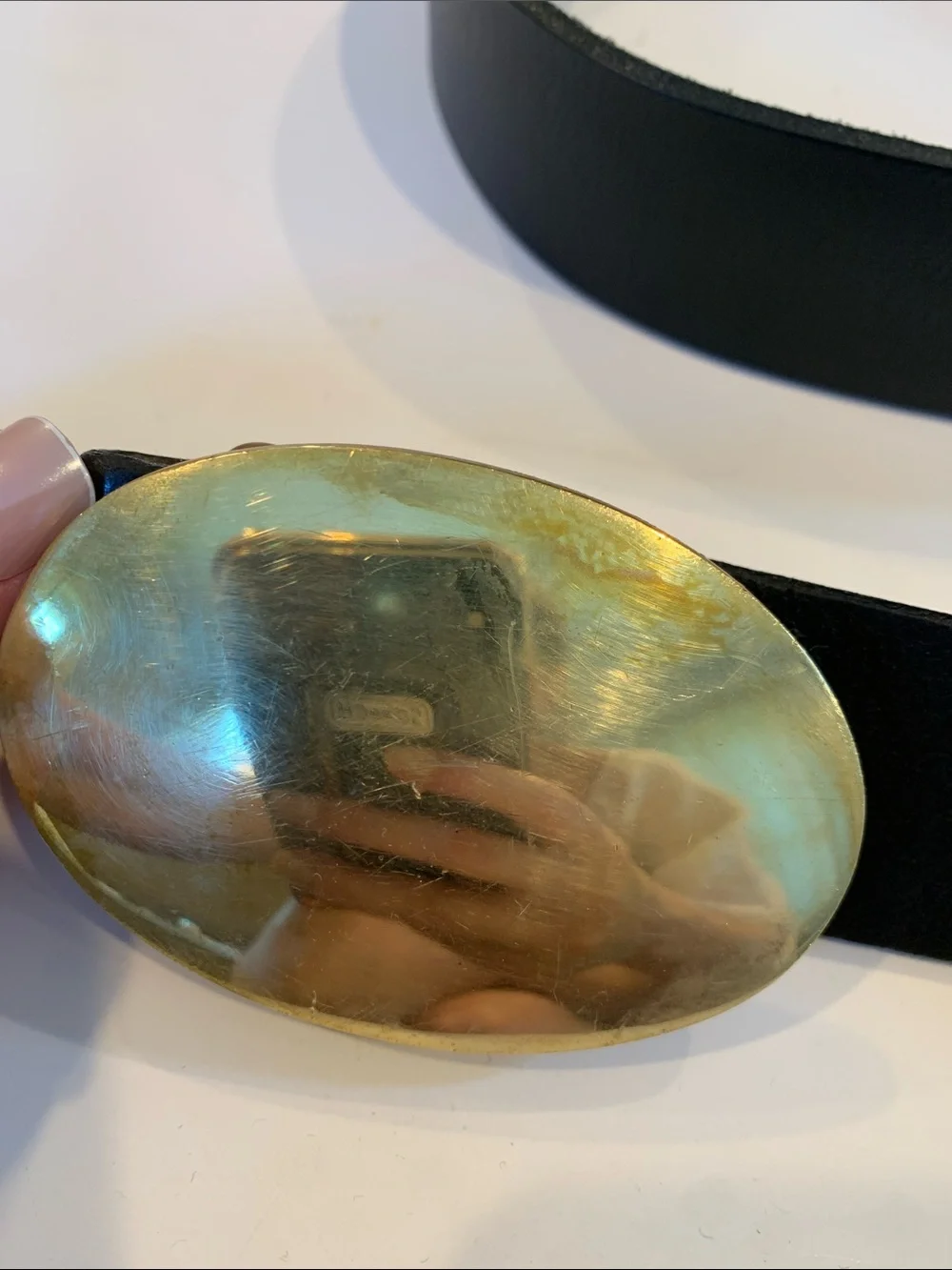 Parsley’s Brass Sand Cast Oval Unisex Belt Buckle and Black Leather Belt Size 32